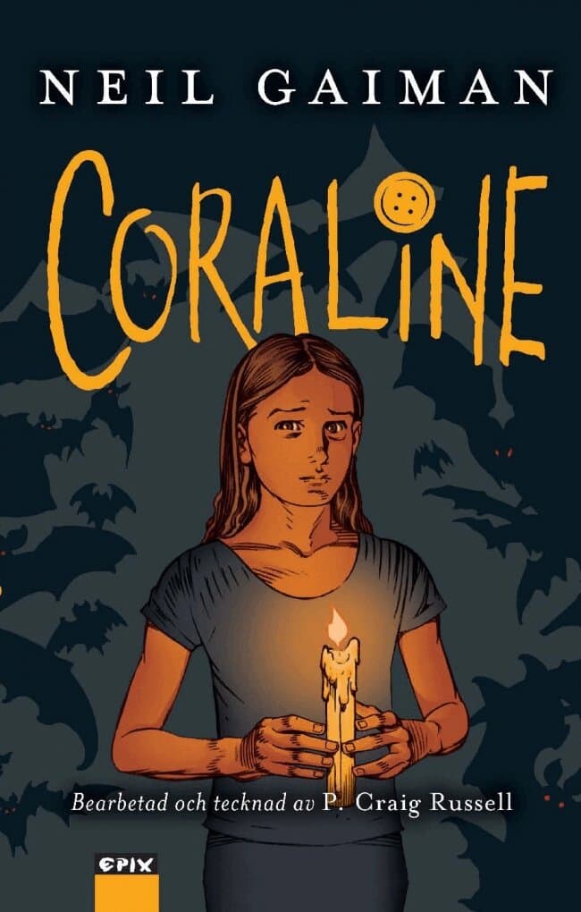 Omslag till boken Coraline av Neil Gaiman