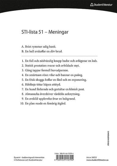 Dysartri - STI-lista 51-100 - Ord- och meningslistor för testning av patientens förståelighet